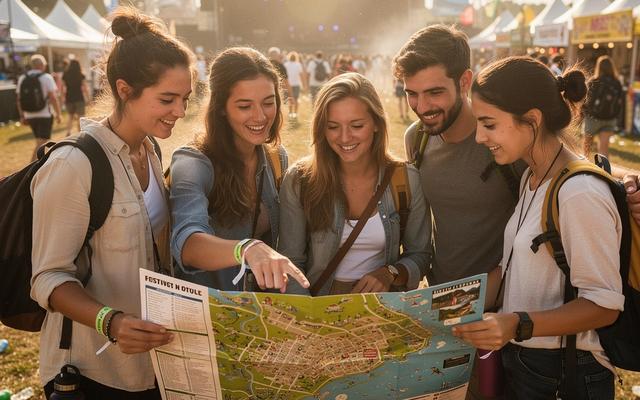 Young travelers checking the festival map together