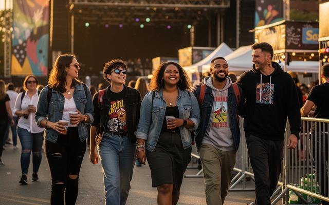 Friends walking together near a festival entrance
